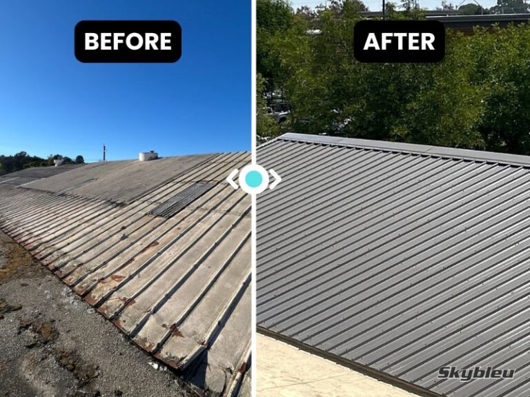 Before and after of the commercial roofing project at Crunch Gym Fitness San Rafael, CA.