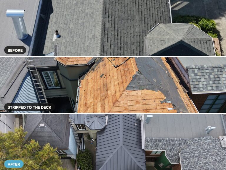 Three stages of a metal roof in San Francisco: old shingles, bare wood decking, and finished black standing seam